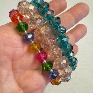 SET of 3 AB Faceted Glass Bead Bracelet Blue Pink Multicolor Iridescent Stretch